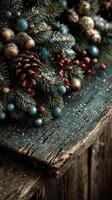 Festive holiday arrangement with pinecones and colorful ornaments on weathered wooden surface photo