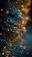 Swirling golden particles in a vibrant blue background creating a mesmerizing abstract display of light and movement photo