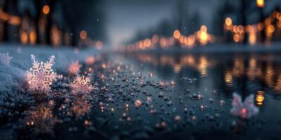Winter night in a peaceful town with snowflakes and warm lights reflecting on calm water photo