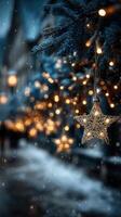 Twinkling star ornament hangs on frosty tree branches in a winter wonderland during the holiday season photo