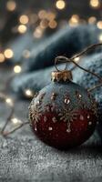 Decorative ornament sparkles among soft blankets and warm lights during a cozy holiday evening photo