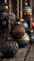 Decorative ornaments hanging on wooden background for festive celebration during winter season photo
