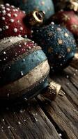 Colorful vintage Christmas ornaments resting on a rustic wooden table with artificial snow scattered around during the holiday season photo