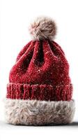 Cozy red winter hat with faux fur trim and pompom, perfect for cold weather activities in December photo