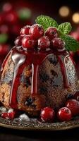 Delicious dessert topped with red berries and glossy glaze in a festive setting during the holidays photo