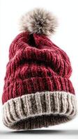 Cozy red knit hat with a fluffy pom-pom designed for winter warmth and style photo