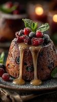 Festive dessert with berries and sauce presented on a dark plate during a cozy winter gathering photo