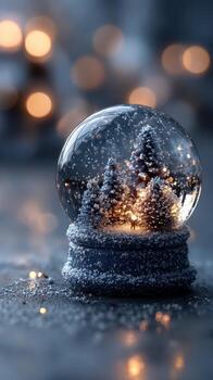 Snow globe featuring illuminated trees in a winter setting during the holiday season photo