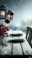 Beautiful winter dining setting with snow, lanterns, and holiday decorations in a serene outdoor environment photo