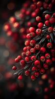 Vibrant red berries cluster with dark green leaves in a natural setting during the evening light photo