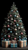Christmas tree adorned with ornaments and gifts arranged beautifully for the festive season photo