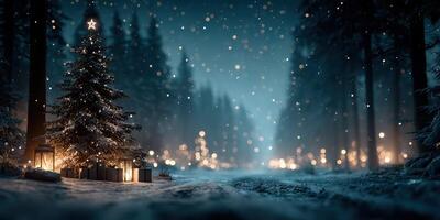 Snowy winter night scene with a decorated Christmas tree and glowing lanterns in a forest photo