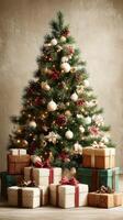 Christmas tree adorned with ornaments and gifts in a cozy indoor setting during the holiday season photo