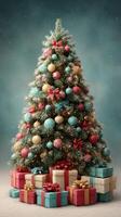 Decorative Christmas tree with colorful ornaments and present boxes under snowflake backdrop photo