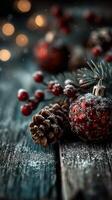 Winter holiday decoration with red ornaments, pinecones, and snowy setting photo
