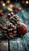 Winter holiday decorations with pinecones and red ornaments on a wooden table photo
