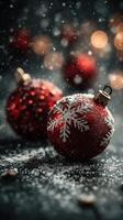 Festive red ornaments with snowflakes on a dark surface create a magical winter atmosphere during the holiday season photo
