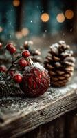 Christmas decorations with red ornament, pinecones, and snowy background creating a festive winter atmosphere photo