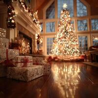 Cozy holiday living room with a beautifully decorated Christmas tree and wrapped presents in soft evening light photo