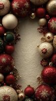 Colorful Christmas ornaments create a festive border on a textured background perfect for holiday greetings photo