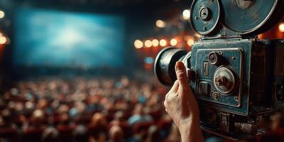 Filmmaker capturing performance in a historic theater filled with an engaged audience during a live event photo