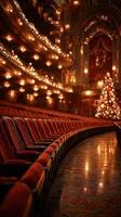 Beautifully lit theater interior with festive decor and empty seats on a winter evening photo