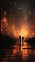 Two figures standing together in a luminous space with glowing lights and reflections at night photo
