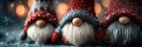 Gnomes with red hats and beards celebrate winter in a cozy setting with soft lights glowing in the background photo