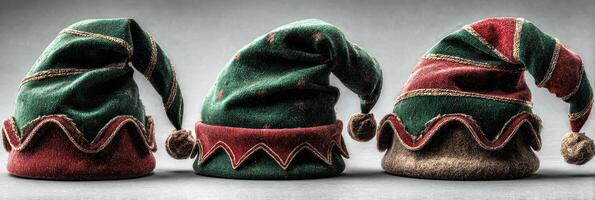 Colorful and festive elf hats displayed together for holiday celebrations and events photo