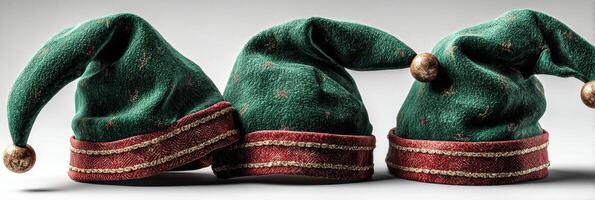 Festive green and red holiday hats arranged in a row, showcasing playful design details for seasonal celebrations photo