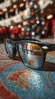 Reflection of a stylish building in sunglasses on ornate carpet in a historic venue during the holiday season photo