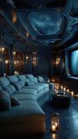 Luxurious and serene living room with starry ceiling and ambient lighting in a cozy evening setting photo