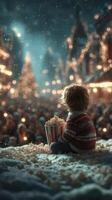 Child enjoys popcorn while watching festive lights at a winter celebration in a charming town square photo