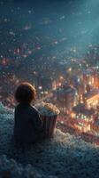 Child enjoys popcorn while watching cityscape illuminated by night lights from a high vantage point photo