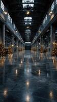 Holiday celebration setup in an industrial warehouse adorned with Christmas trees and festive lights photo