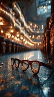 Glasses with popcorn on a theater floor after a performance during evening hours photo