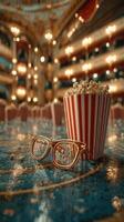 dorado gafas y palomitas de maiz en un elegante teatro ajuste escaparate un encantador cinematográfico experiencia foto