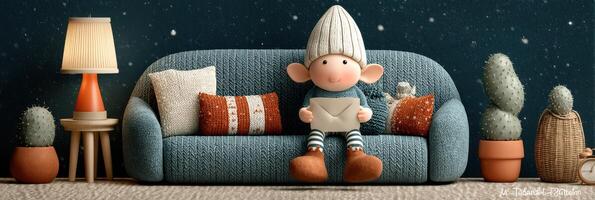 Cozy elf character sitting on a textured couch with decorative pillows in a serene indoor setting at night photo