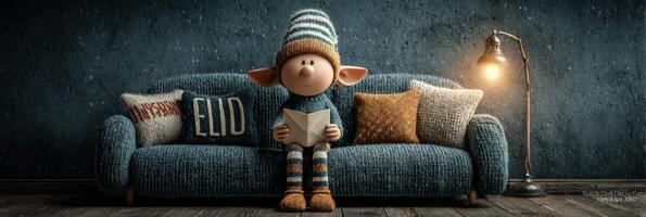Cozy elf reading by a lamp on a comfortable sofa in a warmly lit room photo