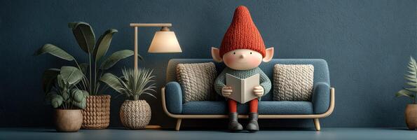 Cozy elf reading a book in a modern living room with plants and warm lighting photo