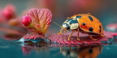 Vibrant ladybug exploring wet leaves during early morning hours in a tranquil garden setting photo