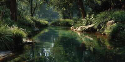 Tranquil stream surrounded by lush greenery and vibrant reflections in the heart of a serene forest photo