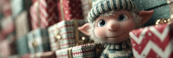 Cheerful holiday elf with colorful presents in a winter wonderland setting photo