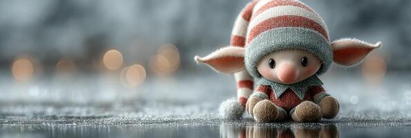 Cute elf figurine with striped hat exploring shiny surface during festive season photo