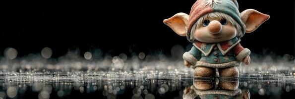Cute elf figurine stands on a reflective surface with raindrops and soft bokeh background photo