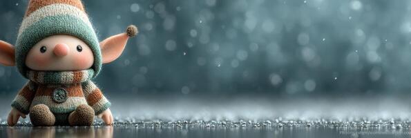 Cute elf doll sitting on a wet surface while rain drops fall in a winter setting at twilight photo