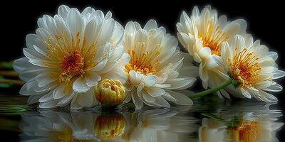 White flowers with yellow centers reflect on calm water in a serene natural setting during the early morning hours photo