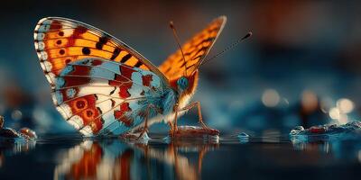 Colorful butterfly perched on wet surface with vibrant details at dawn photo