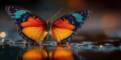 Butterfly resting on water droplets at dawn showcasing vibrant colors and intricate patterns photo