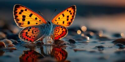 Colorful butterfly perched on water surface reflecting sunset hues at a serene nature location photo